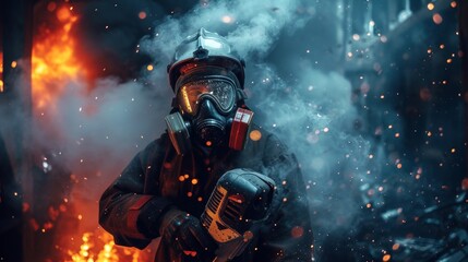 Obraz premium Firefighter fighting to put off fire flames in big city