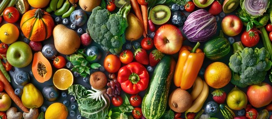 Food background featuring a variety of colorful fresh organic fruits and vegetables in a panoramic...
