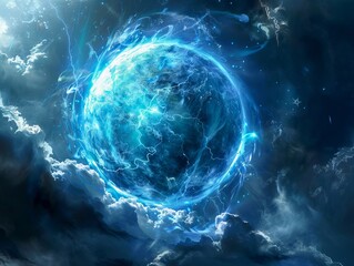 A blue ball in the sky with clouds.