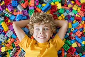 A young boy is laying on a pile of colorful