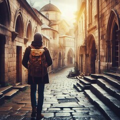 Lonely traveler on the old street of a European city - obrazy, fototapety, plakaty