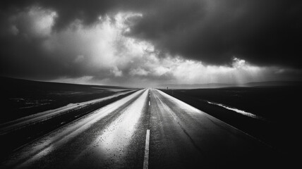 Black and white photography of the rainy road, dark with clouds. Landscapes photography