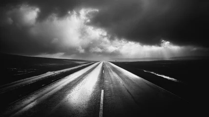 Glasschilderij Lichtgrijs Black and white photography of the rainy road, dark with clouds. Landscapes photography