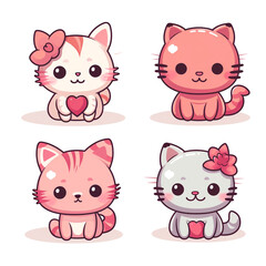 set of 4 kawaii kitten, cat doodles, kitten icons printable clipart on white background сreated with Generative Ai