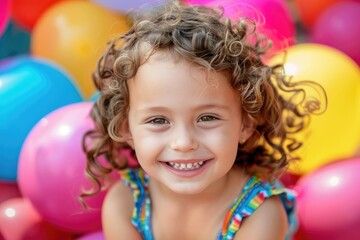 A young girl with curly hair is smiling