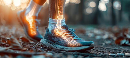 Runner injures calf muscle, sprains ligament outdoors on dirt path, foot with orange bone - obrazy, fototapety, plakaty