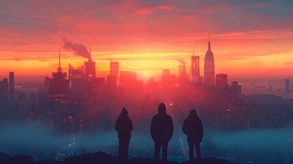 the striking silhouettes of strangers pausing to admire a breathtaking urban skyline from a panoramic viewpoint - obrazy, fototapety, plakaty