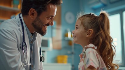 A doctor talking to a little girl in hospital room