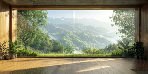empty room with  window with view on green forest landscape in minimalist room with wooden floor and beige wall