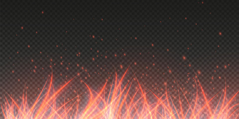 Burning hot sparks effect with embers burning ash and smoke flying in the air. Burning glowing particles. Flame of fire with sparks isolated on a black transparent background. Flame png. - obrazy, fototapety, plakaty