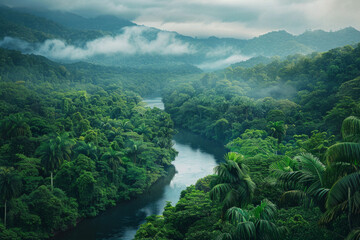Aerial view of a river in a tropical jungle
