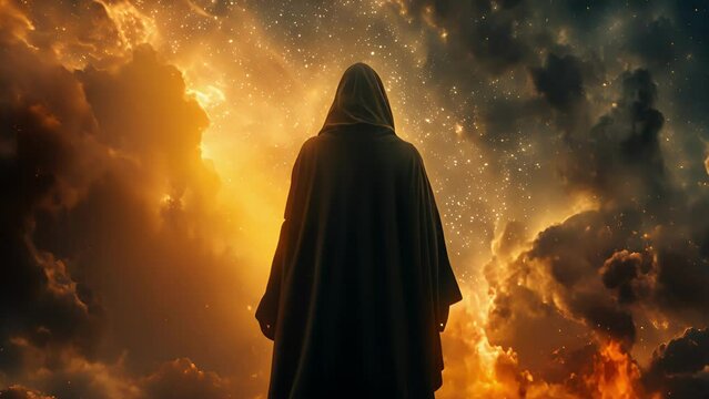 A mysterious figure stands with their back to the camera their hood pulled up and their hands hidden in the folds of their cloak against . .