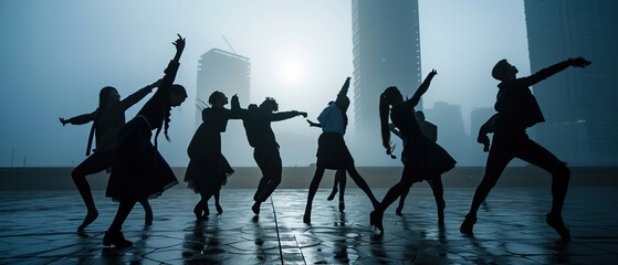 Group dancing in front of city skyline, entertaining crowd with performance art