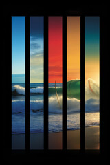 poster with montages of surf images with colored gradient perpen