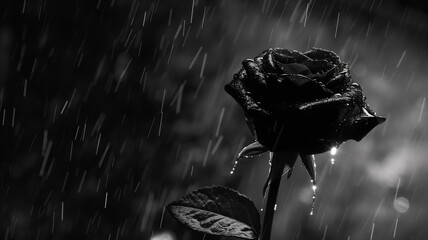 Black and white photography of the rainy rose, dark. Landscapes photography. Cinematic concept.