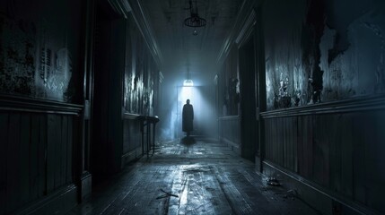 A dimly lit old mansion hallway, with a ghostly silhouette at the end, evoking haunted tales