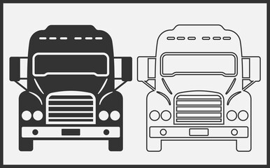 Truck icon front view. Black on White Background. Vector Illustration.