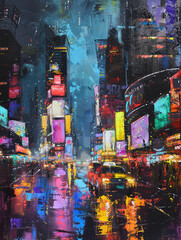Colorful cityscape painting with a lonely figure