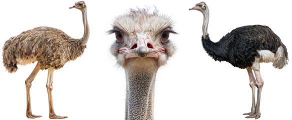 African ostrich collection, female, male and portrait, isolated on a white background