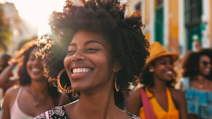 Portrait of a beautiful African-American woman smiling with other people