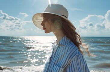 Woman in Hat Gazing at Ocean