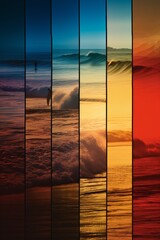 poster with montages of surf images with colored gradient perpendicular lines - obrazy, fototapety, plakaty