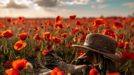 World War Remembrance Day Anzac Day Soldiers Cap and boots with poppy flowers  - obrazy, fototapety, plakaty