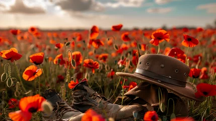 Foto op Plexiglas World War Remembrance Day Anzac Day Soldiers Cap and boots with poppy flowers  © Iqra Iltaf