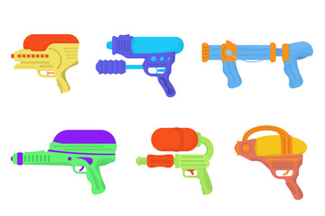 PNG, Bright multi colored childrens toys. Cartoon kids toy weapons, water guns, pistols and blasters. Different toy gun flat vector illustration set. Plastic handguns and rayguns for summer games.