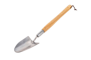 premium stainless steel gardening shovel spade with brown wooden handle in perspective isolated on white background