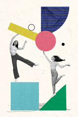 Vertical creative poster collage two young woman have fun cooperation geometry figures teamwork...