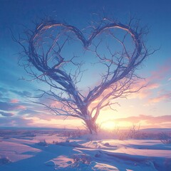 A barren tree with branches forming the shape of a broken heart against a stark winter sky , 3d style