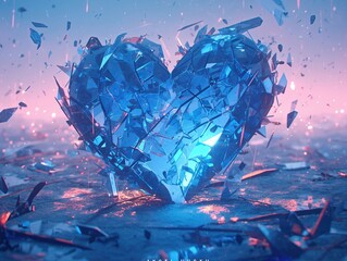Fototapeta premium A cartoon heart made of delicate glass, shattered on the ground with a soft, reflective glow , close-up
