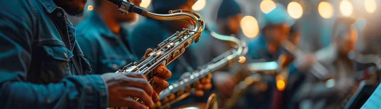 Musicians from diverse backgrounds playing together, representing the fusion of different musical styles in a live setting.