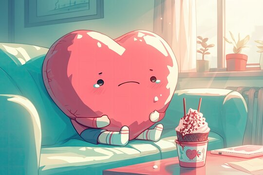 A cartoon heart sporting a pair of mismatched socks and moping on a sofa with a tub of ice cream , close-up