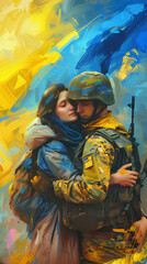 Young couple in military uniform with assault rifle. Colorful oil painting.