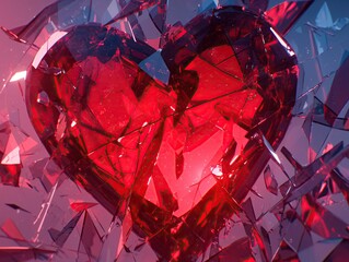 A closeup of shattered red glass fragments shaped like a heart, reflecting sharp pain and loss , 3d style - obrazy, fototapety, plakaty