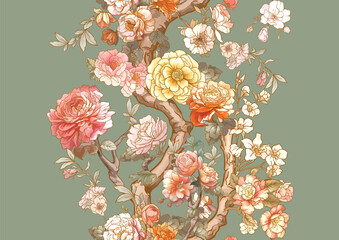 Blossom trees with rose, peony, chrysanthemum, Seamless pattern, background. Vector illustration. In Chinoiserie, botanical style