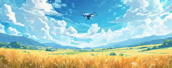 A drone is flying over a field of tall grass