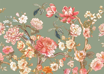 Blossom trees with rose, peony, chrysanthemum, Seamless pattern, background. Vector illustration. In Chinoiserie, botanical style - 789185559