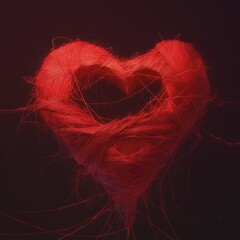A tangled web of red thread forming a broken heart, symbolizing the complexity of heartbreak , close-up