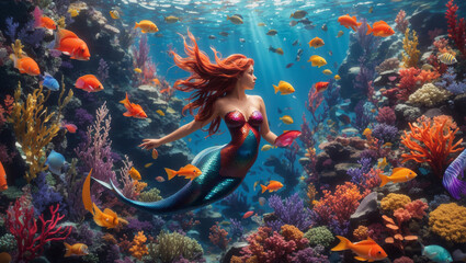 Obraz premium A mermaid swimming in a coral reef with many colorful fish.