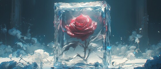 A withered rose encased in a block of ice, representing a love frozen in time , 3d style
