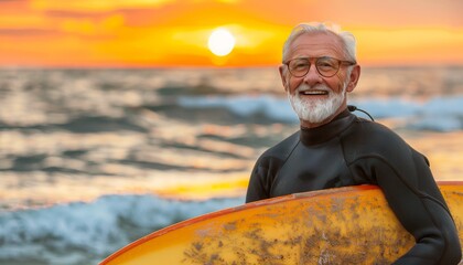 Elderly man with surfboard enjoying sunset on beach  lifestyle, sport, vacation and travel concept