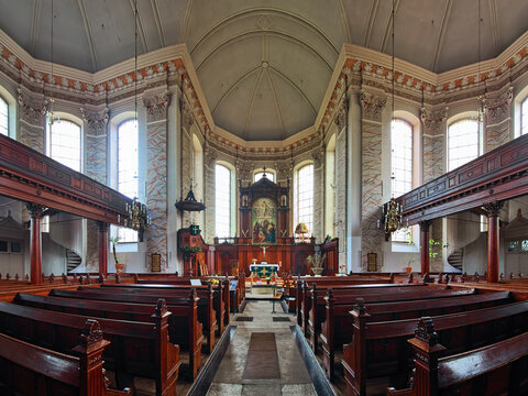 Schwerin, Germany. Interior of Schelf Church of St. Nicholas. The current church in the Schelfstadt quarter of Schwerin was built in 1708-1713 according to plans by Jacob Reutz.
