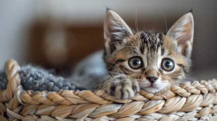 Fototapeta na wymiar Small Kitten Sitting Inside of a Basket