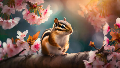 Chipmunk Sitting on a Branch Surrounded by Cherry Blossoms - Powered by Adobe