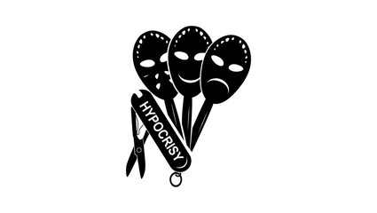 Hypocrisy emblem, swiss knife with masks,  black isolated silhouette - obrazy, fototapety, plakaty