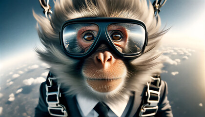 スカイダイビングに挑戦するスーツを着た猿