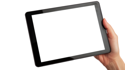 human hand holding tablet with blank display screen, isolated on white or transparent png